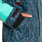 Quiksilver High Altitude 2L GORE-TEX Shell Jacket 2023 - A black jacket with a purple and teal abstract pattern, featuring a zippered chest pocket and a high collar.