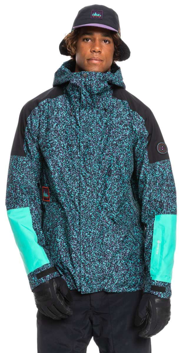 Quiksilver High Altitude 2L GORE-TEX Shell Jacket 2023 - A black jacket with a subtle pattern of small, light blue and purple dots.