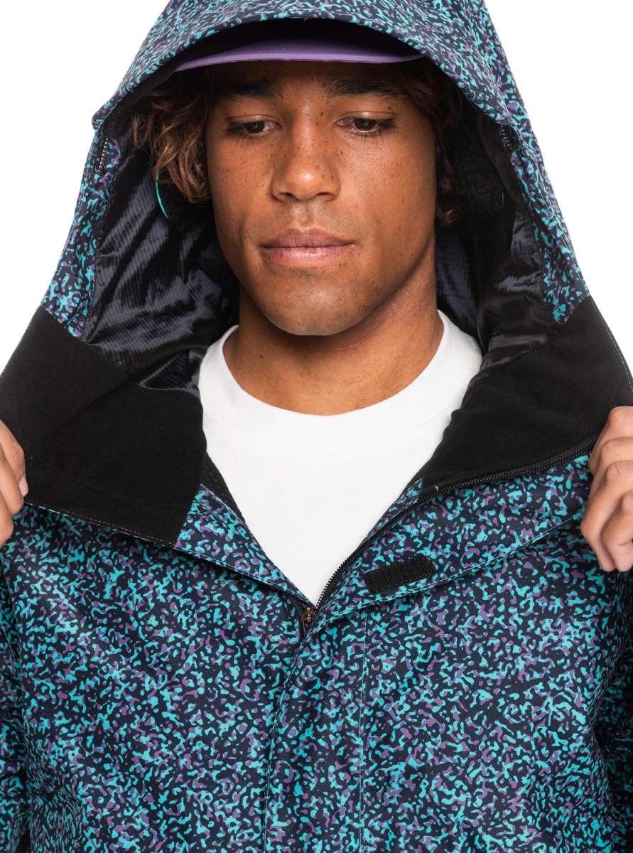 Quiksilver High Altitude 2L GORE-TEX Shell Jacket 2023 - A black jacket with a purple and teal pattern, featuring a hood and zippered pockets.