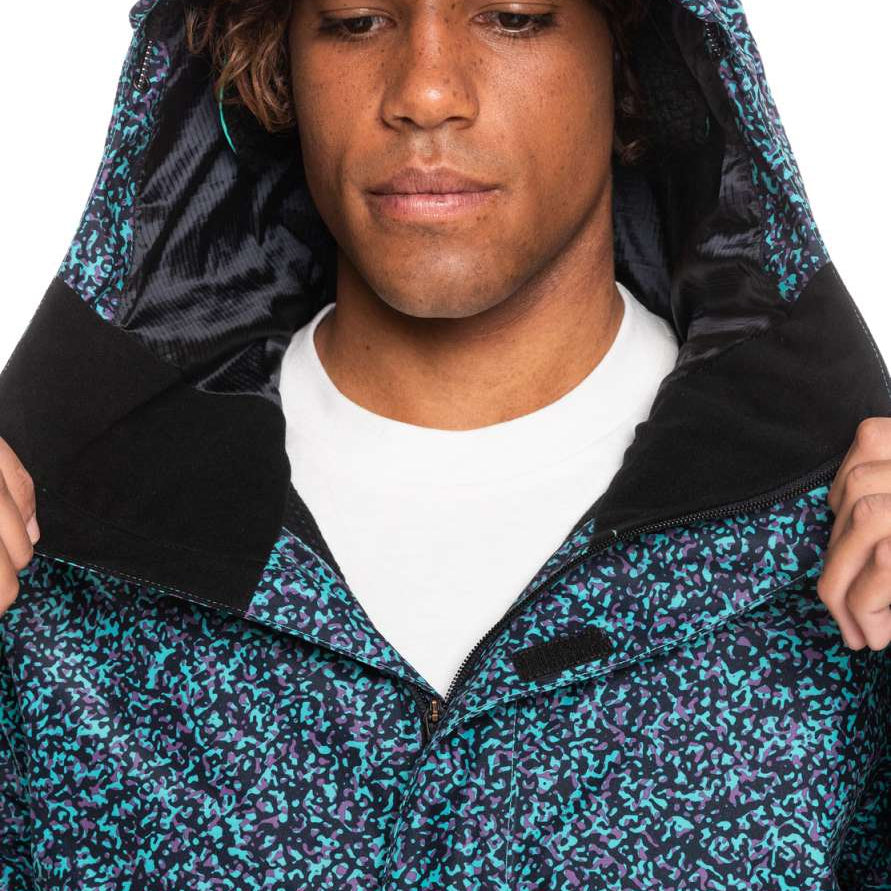 Quiksilver High Altitude 2L GORE-TEX Shell Jacket 2023 - A black jacket with a purple and teal pattern, featuring a hood and zippered pockets.