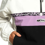 Quiksilver Steeze Shell Jacket 2024 - A white jacket with a black and purple patterned band around the waist.