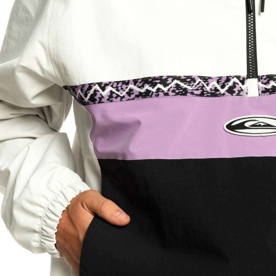 Quiksilver Steeze Shell Jacket 2024 - A white jacket with a black and purple patterned band around the waist.