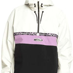 Quiksilver Steeze Shell Jacket 2024 - A white jacket with a black stripe across the chest and a purple stripe above it, featuring a zipper down the front.