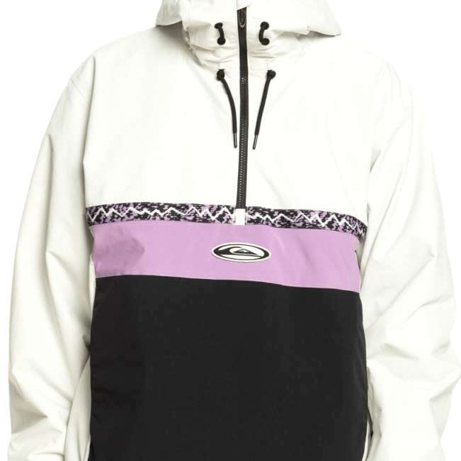 Quiksilver Steeze Shell Jacket 2024 - A white jacket with a black stripe across the chest and a purple stripe above it, featuring a zipper down the front.