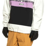 Quiksilver Steeze Shell Jacket - A white jacket with a black and purple stripe across the chest, featuring a hood and drawstrings.