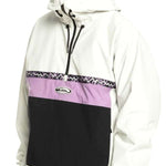 Quiksilver Steeze Shell Jacket 2024 - A white jacket with a black stripe across the chest and purple accents on the hood.