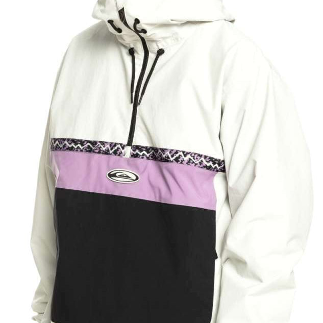 Quiksilver Steeze Shell Jacket 2024 - A white jacket with a black stripe across the chest and purple accents on the hood.
