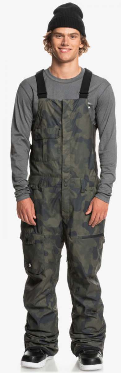 Quiksilver Utility Shell Bib - Dark green bib with black hardware, zippered pockets and adjustable straps.