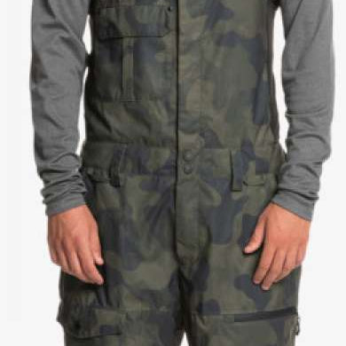 Quiksilver Utility Shell Bib - Dark green bib with black hardware, zippered pockets and adjustable straps.