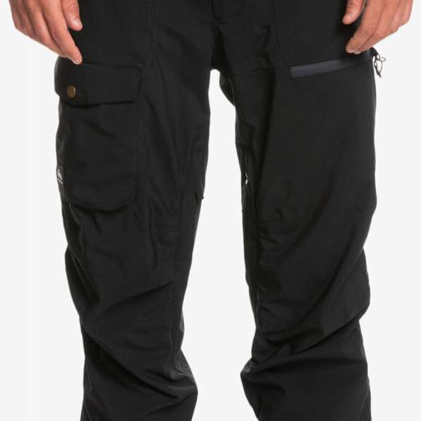 Quiksilver Utility Shell Pant 2023 - Black pants with two zippered pockets on each thigh and a small pocket on the right side of the waistband.