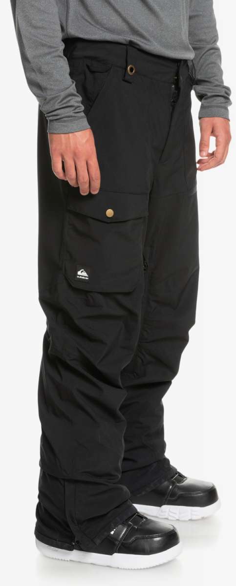 Quiksilver Utility Shell Pant 2023 - Black snow pants with a zippered pocket on the thigh and adjustable Velcro straps at the ankles.