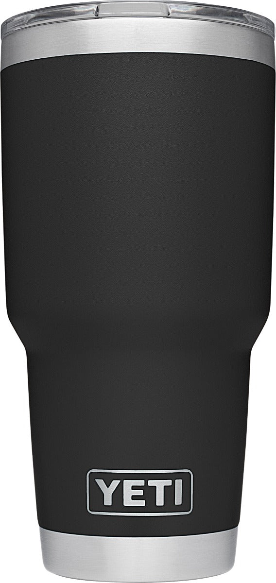 Yeti Rambler 30 oz. Tumbler with Magslider Lid - A stainless steel tumbler with a silver lid and a sliding closure mechanism.