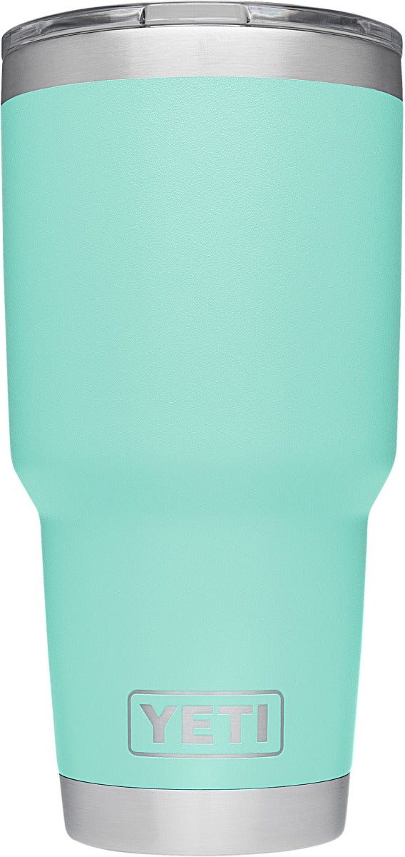 Yeti Rambler 30 oz. Tumbler with Magslider Lid - A stainless steel tumbler with a silver lid and a sliding closure mechanism.