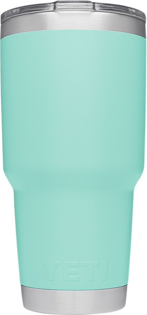 Yeti Rambler 30 oz. Tumbler with Magslider Lid - A stainless steel tumbler with a silver lid and a sliding closure mechanism.