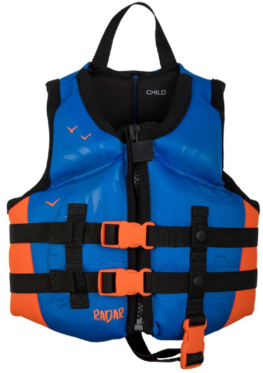 Radar Boys CGA Life Jacket 2022 - Blue life jacket with orange accents and black straps.