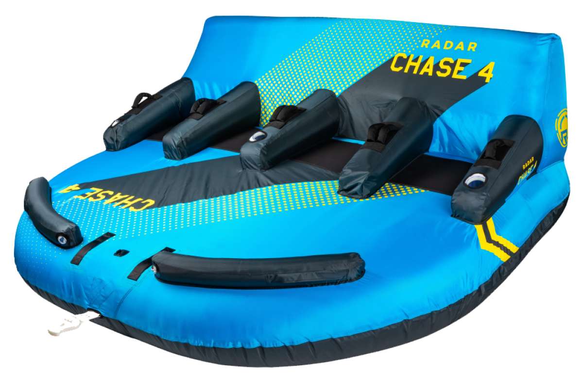 Radar Chase Lounge 4 Person Inflatable Tube 2022 - Blue tube with yellow and white lettering, featuring a lounge-style seating area for four people.