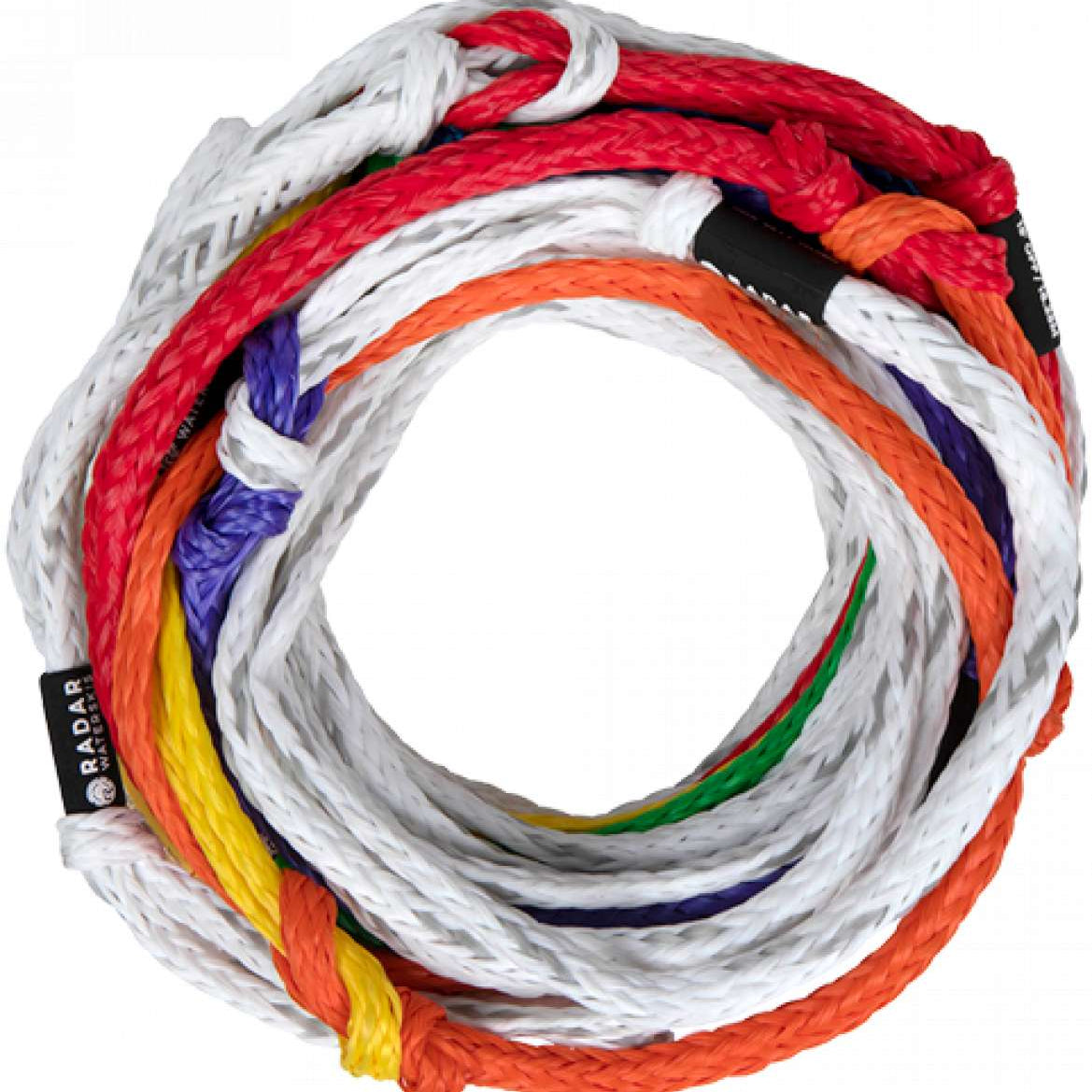 Radar Control Mainline Tow Rope 2023 - A white tow rope with a black tag and silver hardware.