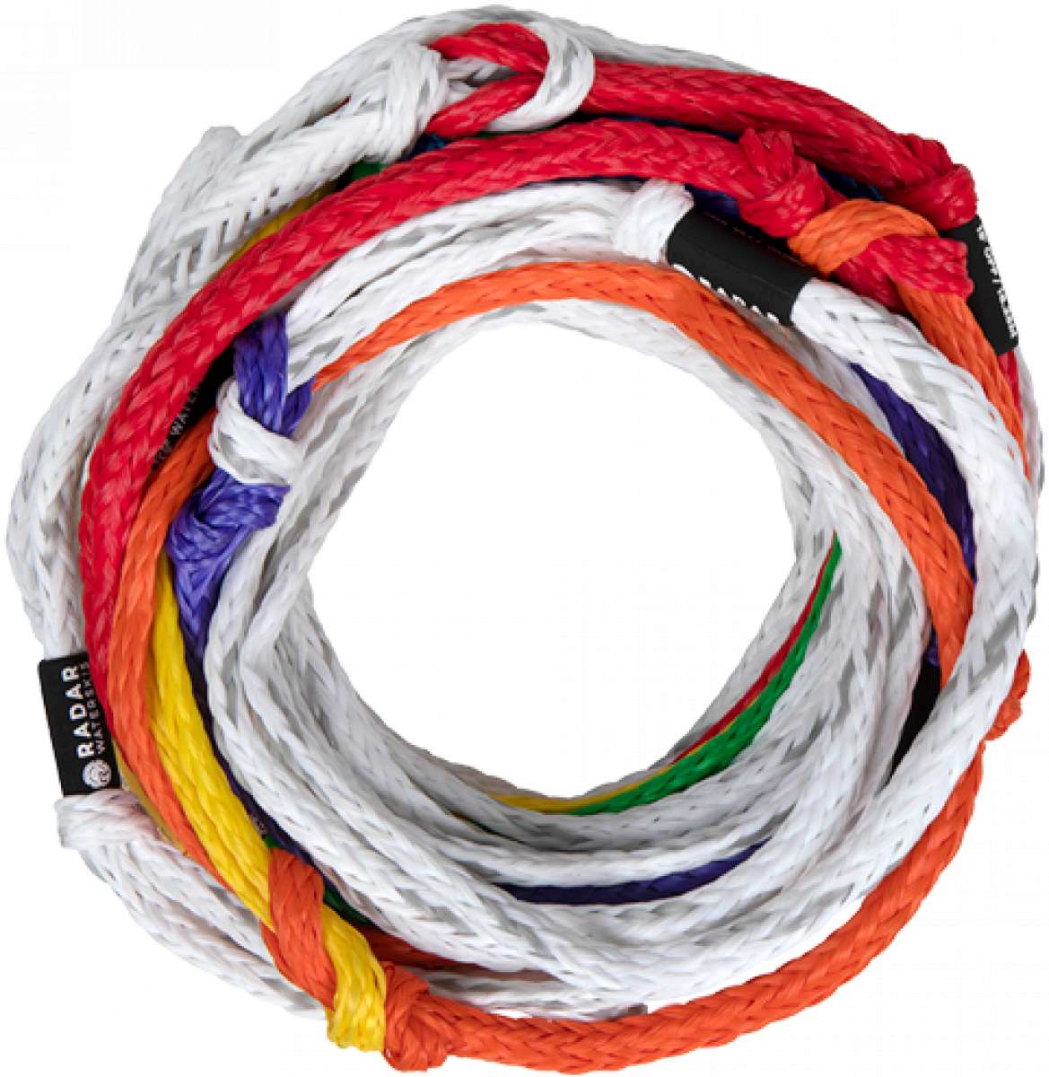 Radar Control Mainline Tow Rope 2023 - A white tow rope with a black tag and silver hardware.