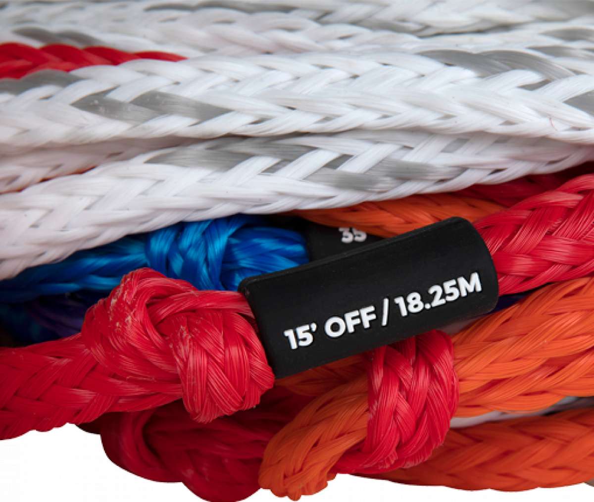 Radar Control Mainline Tow Rope - 2023 model with black, red, and gray stripes on a white background.