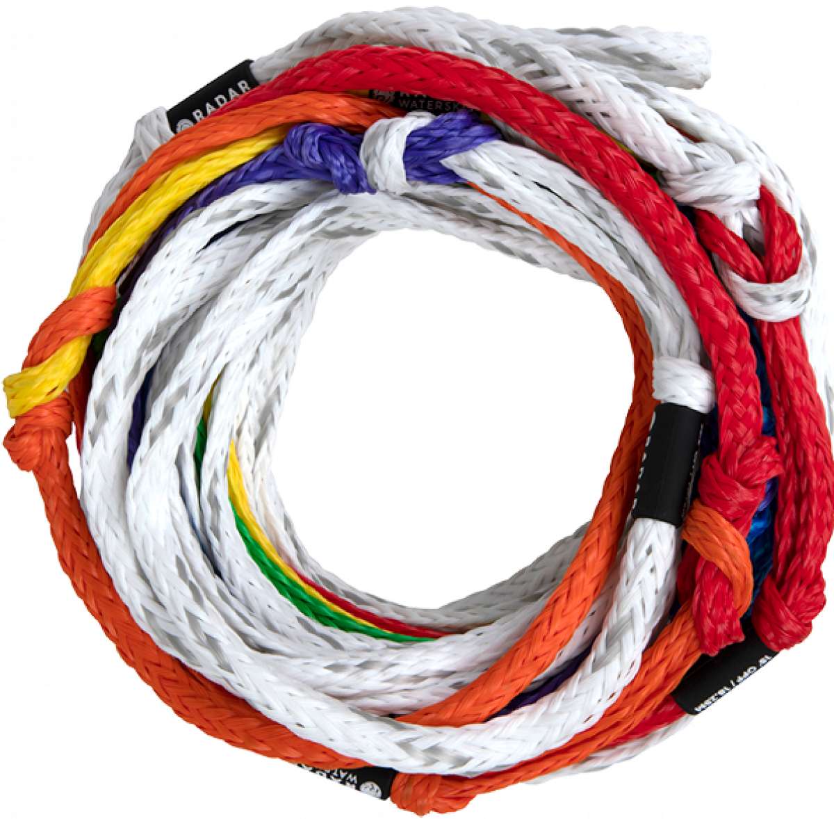 Radar Control Mainline Tow Rope 2023 - Black tow rope with white stitching and silver metal hardware.