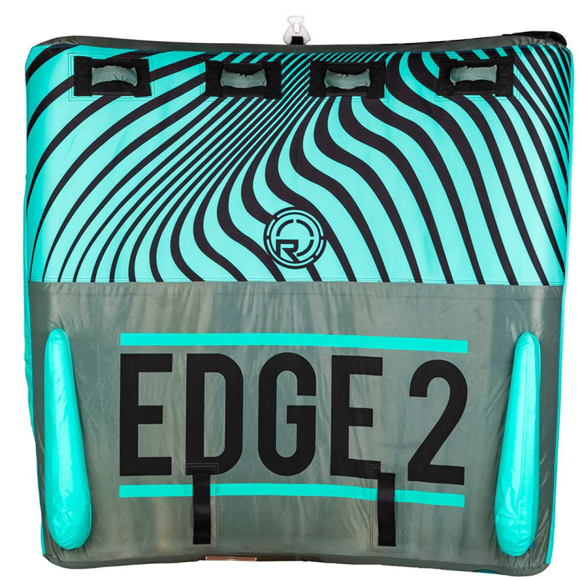 Radar Edge 2 Inflatable Towable Tube 2022 - A blue and black striped inflatable tube with a logo in the center, featuring two handles on either side.