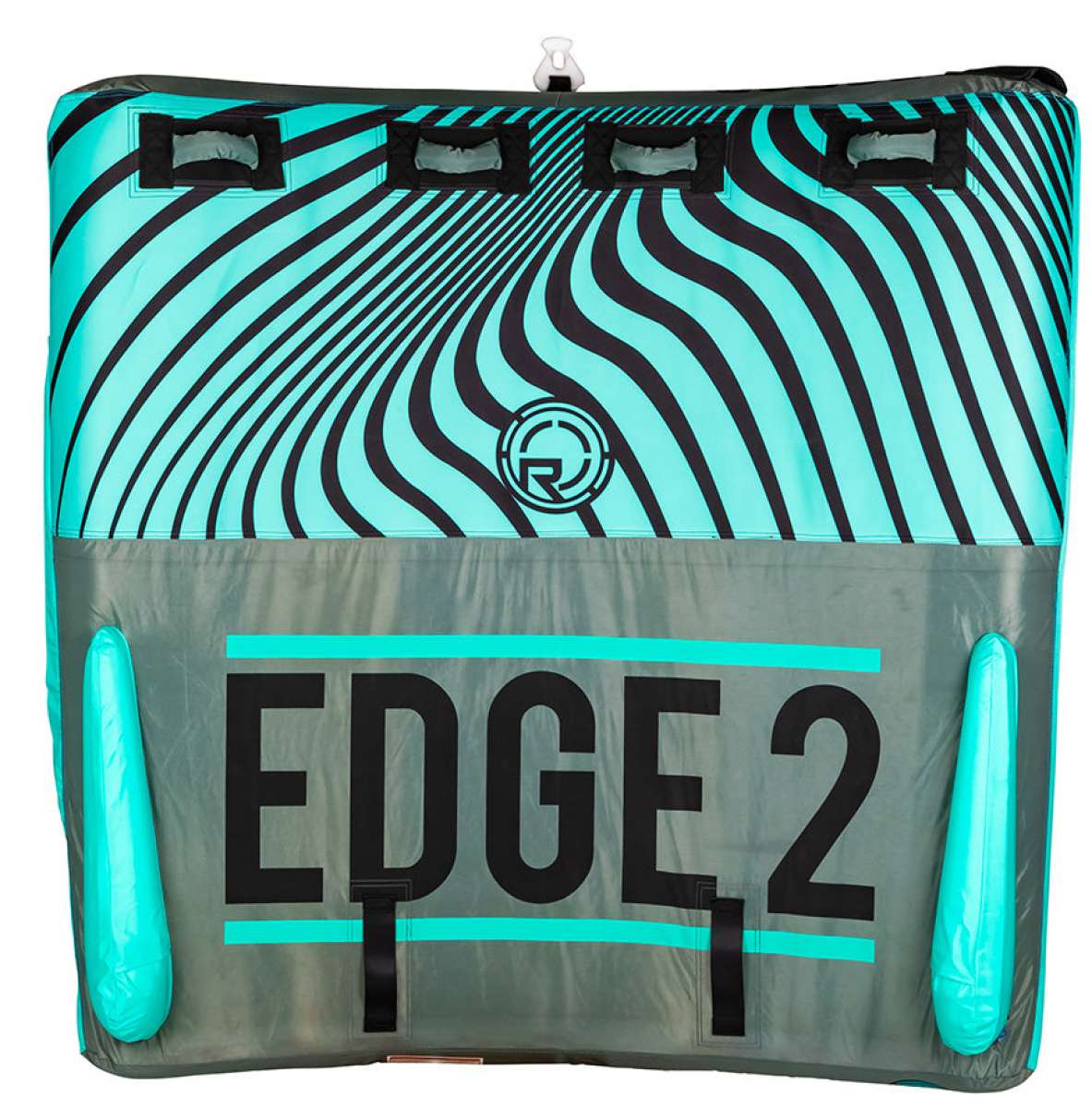 Radar Edge 2 Inflatable Towable Tube 2022 - A blue and black striped inflatable tube with a logo in the center, featuring two handles on either side.