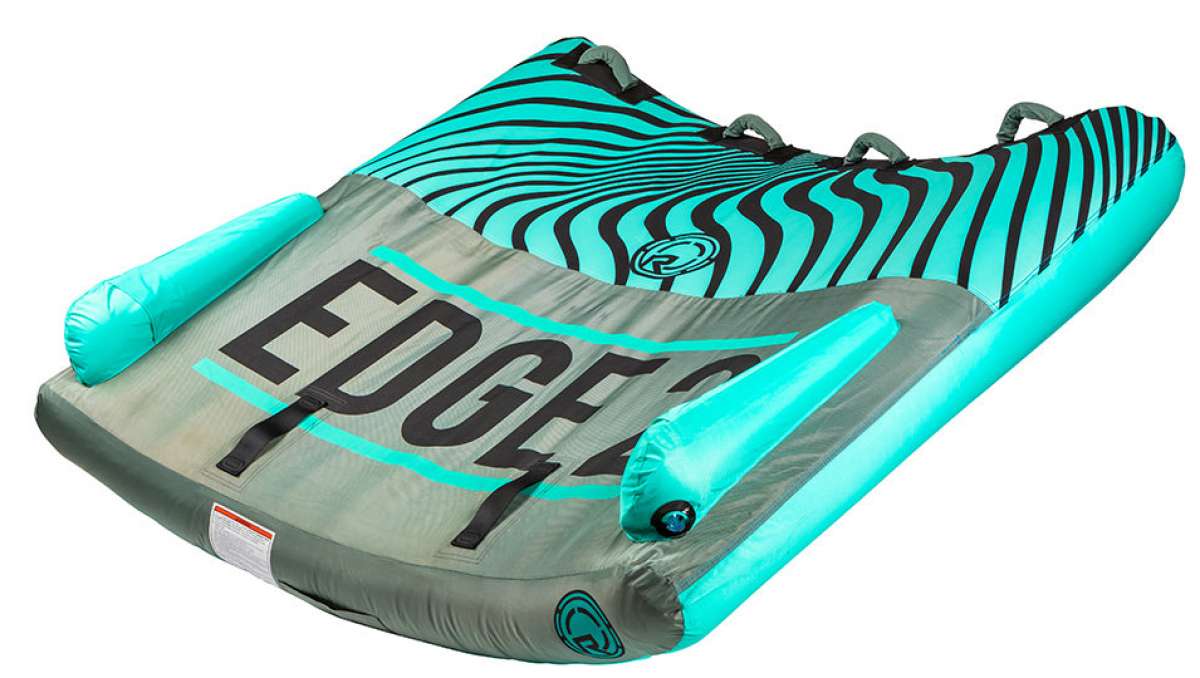 Radar Edge 2 Inflatable Towable Tube 2022 - A turquoise and black striped inflatable tube with a large "EDGE" logo on its front side.