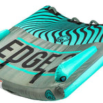 Radar Edge 2 Inflatable Towable Tube 2022 - A turquoise and black striped inflatable tube with a large "EDGE" logo on its front side.
