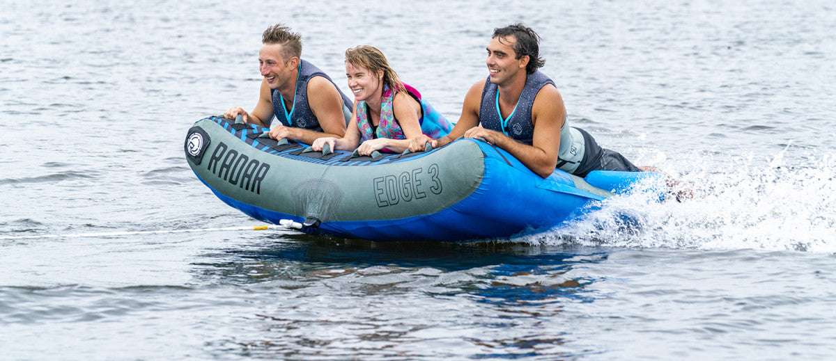 Radar Edge 3 Inflatable Towable Tube 2022 - Blue tube with blue and white stripes on top, gray bottom, and black lettering.