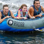Radar Edge 3 Inflatable Towable Tube 2022 - Blue tube with black and white logo on top, floating in water.