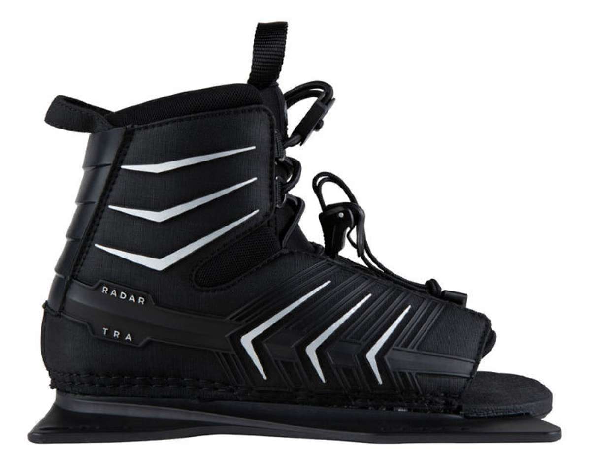 Radar Kids T.R.A. Front Waterski Boot 2022 - Black waterski boot with white accents and a textured strap on top.