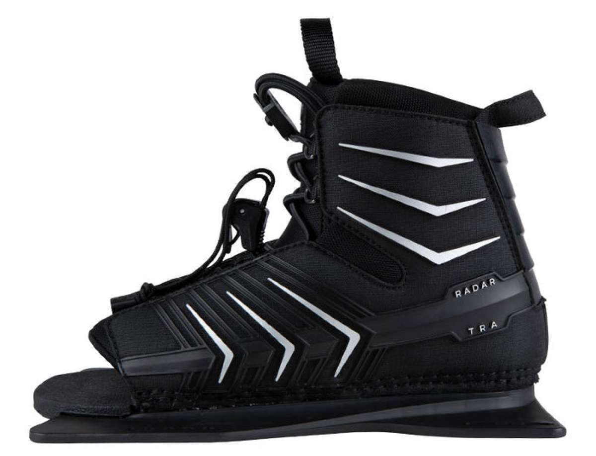 Radar Kids T.R.A. Front Waterski Boot 2022 - Black waterski boot with white accents and a textured strap on top.