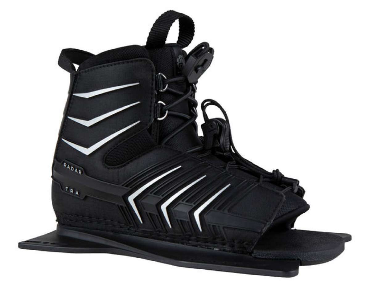 Radar Kids T.R.A. Front Waterski Boot 2022 - Black boot with white accents and a strap on top.