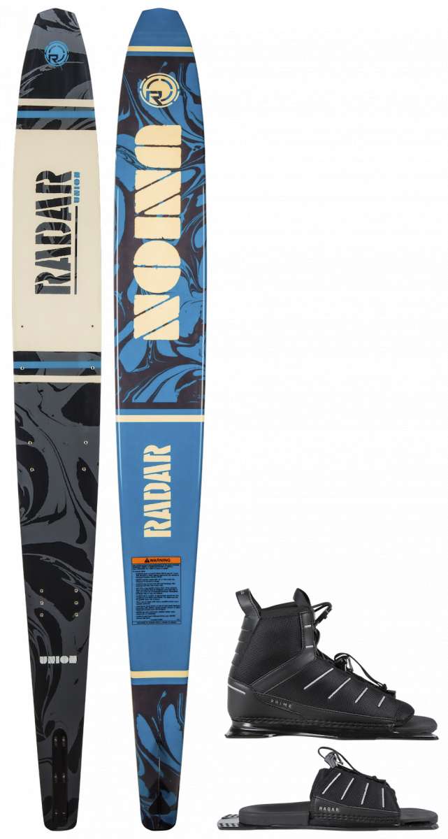 Radar Union Prime ARTP Waterski 2023 - A black waterski with a blue and white logo on top, featuring the word "UNION" in large letters.