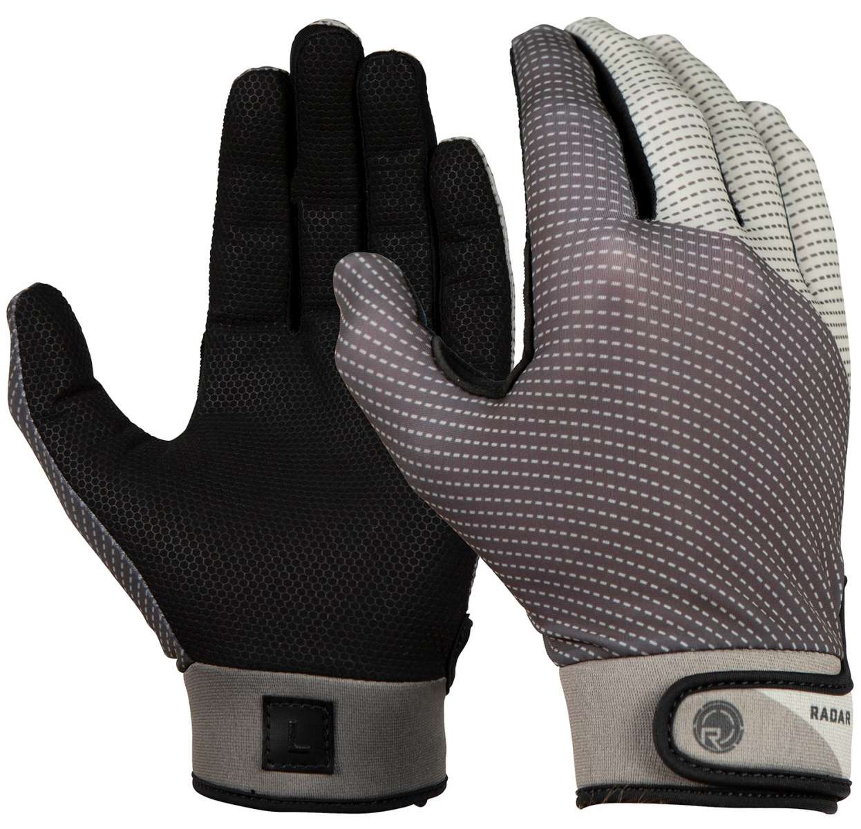 Radar Union Waterski Glove 2022 - A black glove with a textured palm and finger grip, featuring a white logo on the wrist strap.