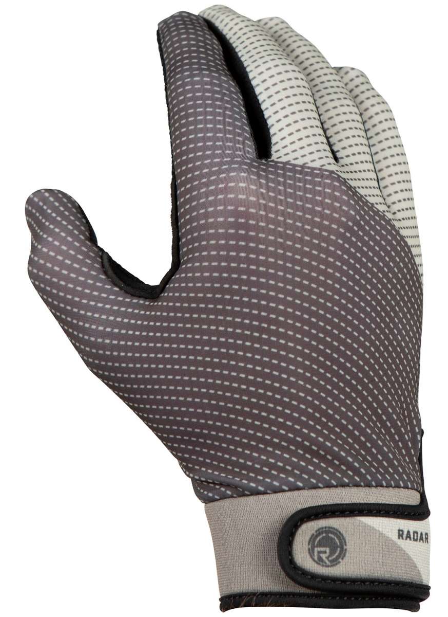 Radar Union Waterski Glove 2022 - A gray glove with a white pattern of diagonal lines and small circles, featuring a black trim around the wrist cuff.