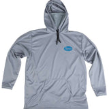 Radar UV Solar Barrier Hoodie With Neck Gaiter 2022 - A light gray hoodie with a hood and neck gaiter, featuring a blue logo on the chest.