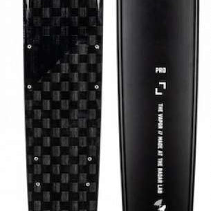 Radar Vapor Pro Build Slalom Waterski 2022 - Black waterski with white lettering and a woven carbon fiber pattern on top.