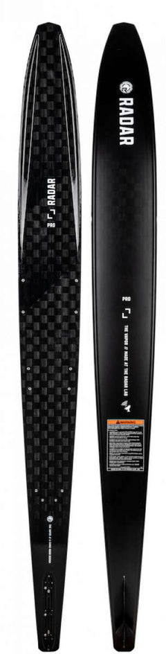 Radar Vapor Pro Build Slalom Waterski 2022 - Black waterski with white lettering and a woven carbon fiber pattern on top.