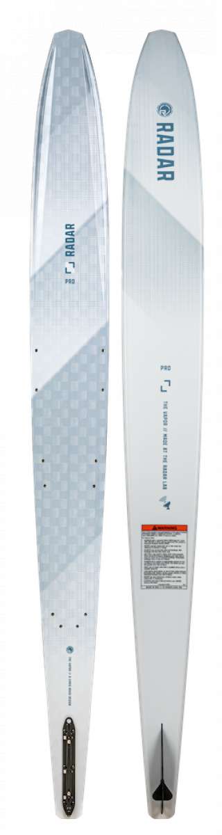 Radar Vapor Pro Build Slalom Waterski 2022 - White waterski with blue and black lettering, featuring a distinctive "Vapor" logo on top.
