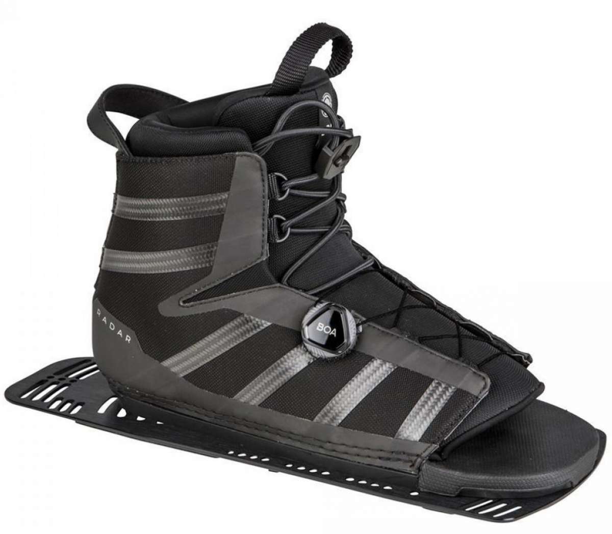 Radar Vector BOA Aluminum Frame Rear Waterski Boot 2022 - Black ski boot with silver accents and a black aluminum frame on the rear.