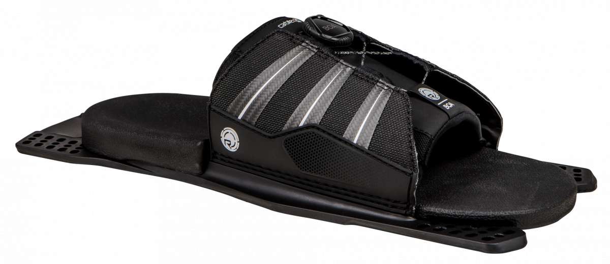 Radar Vector BOA ARTP 2023 - Black water ski binding with silver accents and white logo on top of left boot.