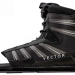 Radar Vector BOA Rear Waterski Boot 2023 - Black waterski boot with silver accents and a carbon fiber pattern on the side.