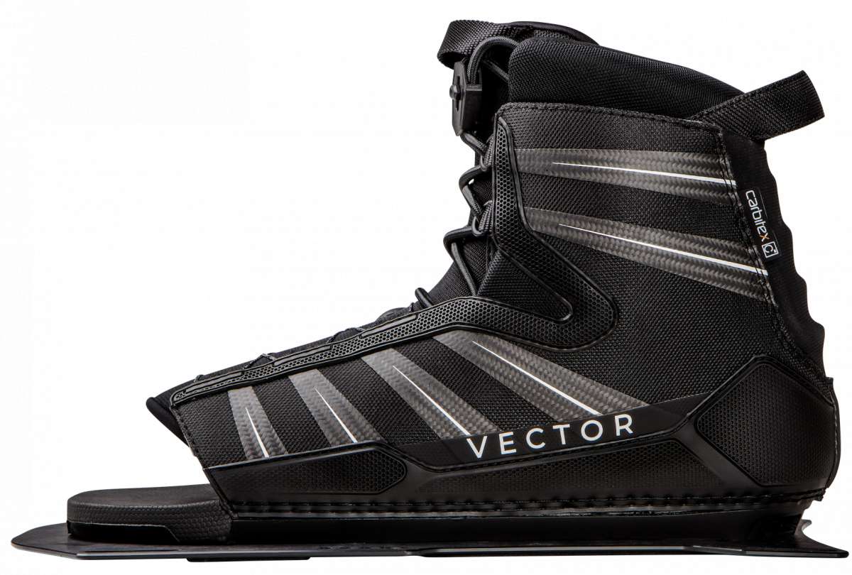 Radar Vector BOA Rear Waterski Boot 2023 - Black waterski boot with silver accents and a carbon fiber pattern on the side.