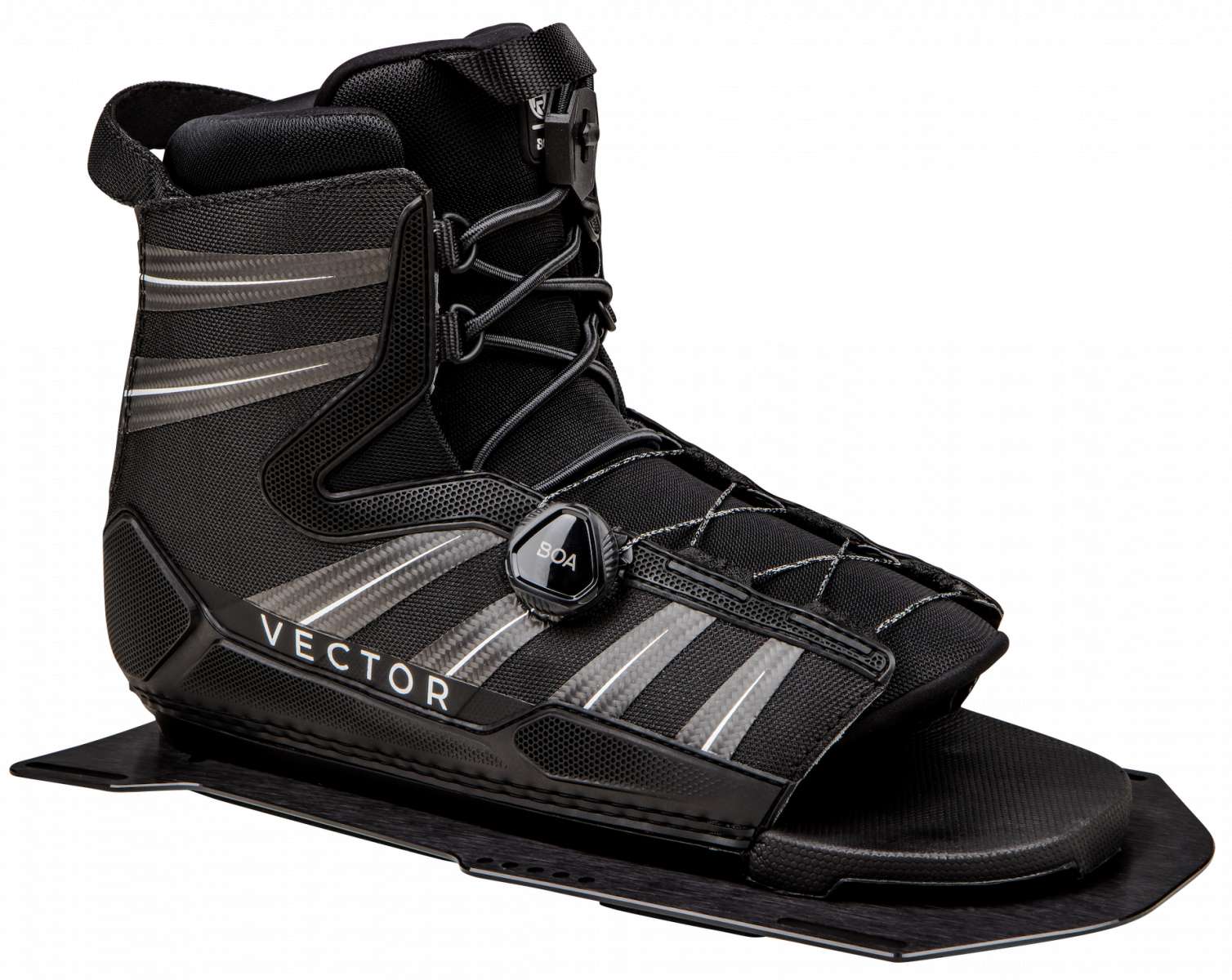 Radar Vector BOA Rear Waterski Boot 2023 - Black waterski boot with silver accents and a BOA closure system on the front.