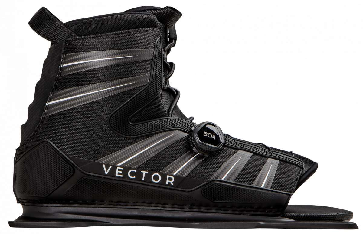 Radar Vector BOA Rear Waterski Boot 2023 - Black waterski boot with silver accents and a BOA closure system on the side.