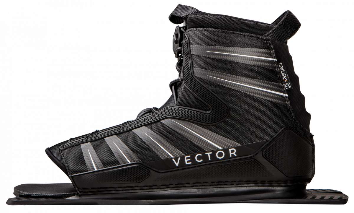 Radar Vector BOA Rear Waterski Boot 2023 - Black waterski boot with silver accents and a textured pattern on the toe area.