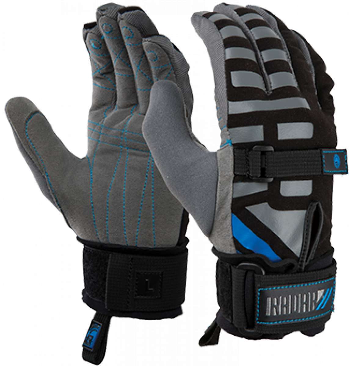 Radar Voyage Glove 2023 - A gray glove with blue stitching on the palm and fingers, featuring a black strap at the wrist.