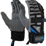 Radar Voyage Glove 2023 - A gray glove with blue stitching on the palm and fingers, featuring a black strap at the wrist.