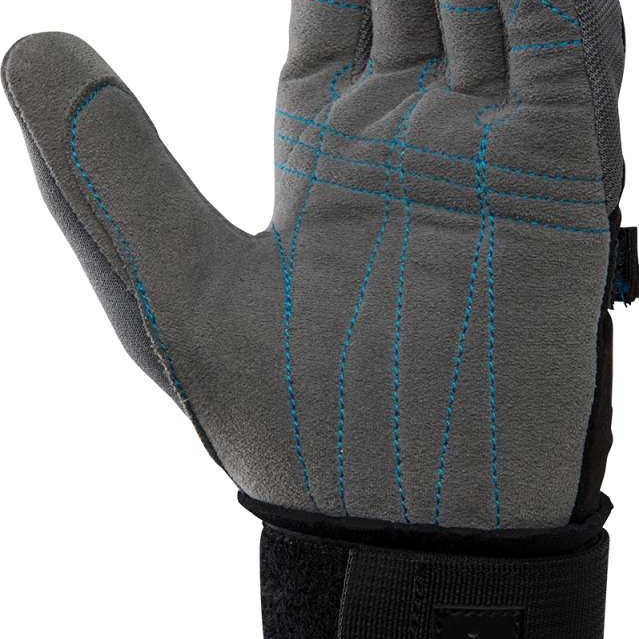 Radar Voyage Waterski Glove 2022 - A gray glove with a blue logo on the wrist and black accents around the fingers.
